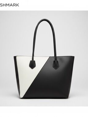 Black White Colorblock Tote Bag Gold V Accent Faux Leather Purse